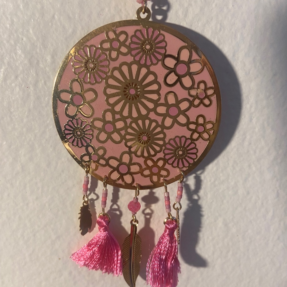 Statement Necklace, Laser Cut Floral Design, Gold tone, Pink Accents
